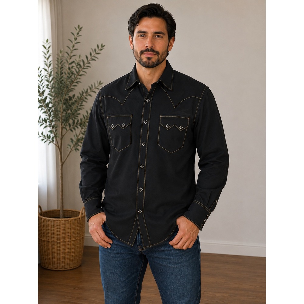 Rockmount Ranch Wear Western Shirt Mens Black Snap Front Contrast Stitch USA